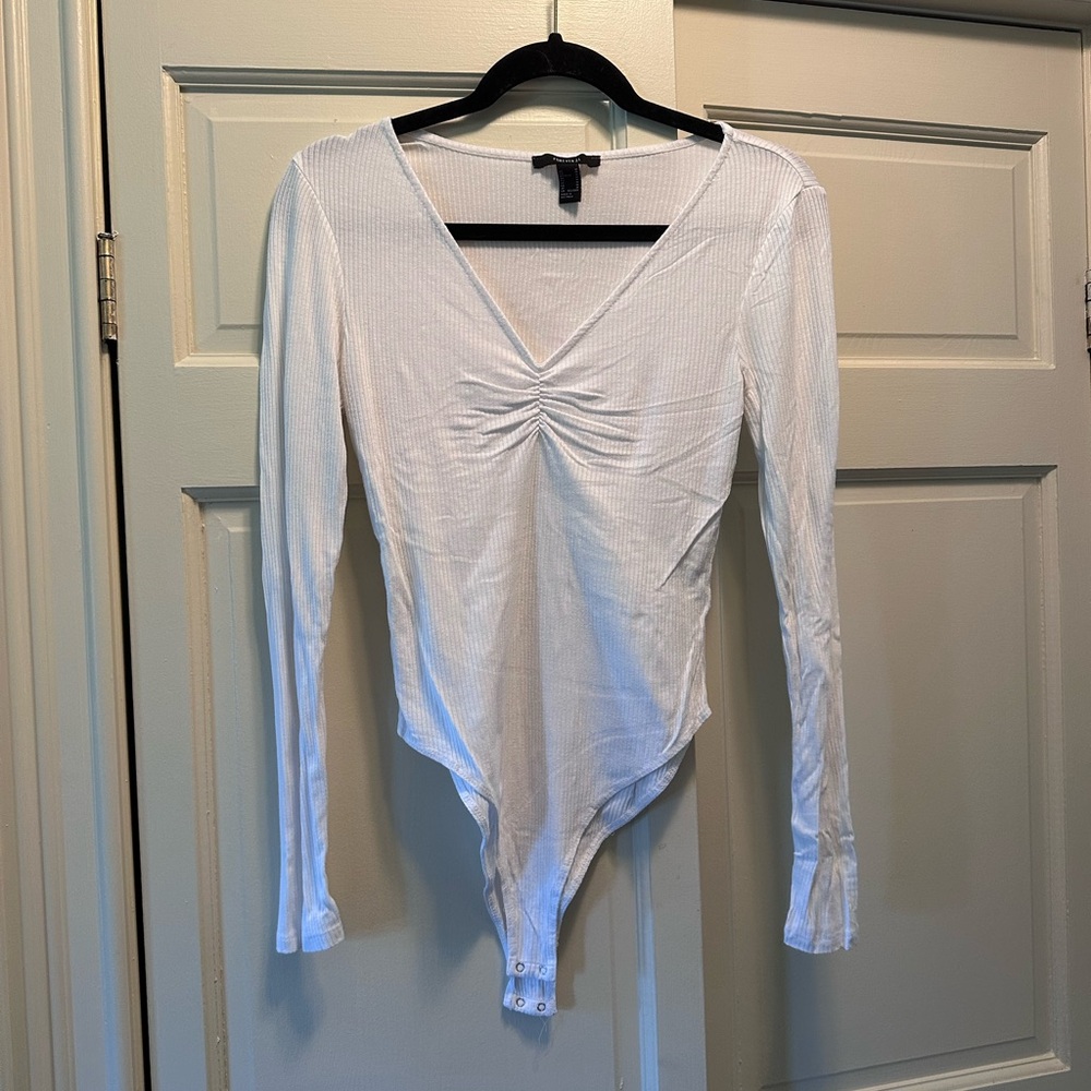 Forever 21 White Ruched V-Neck Bodysuit